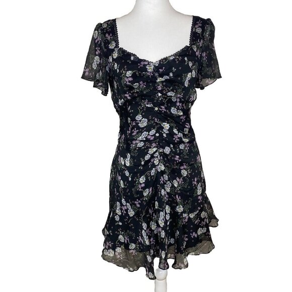 ASTR The Label So Smitten Floral Mini Dress MEDIUM Ruched Chiffon Milkmaid - Picture 4 of 12